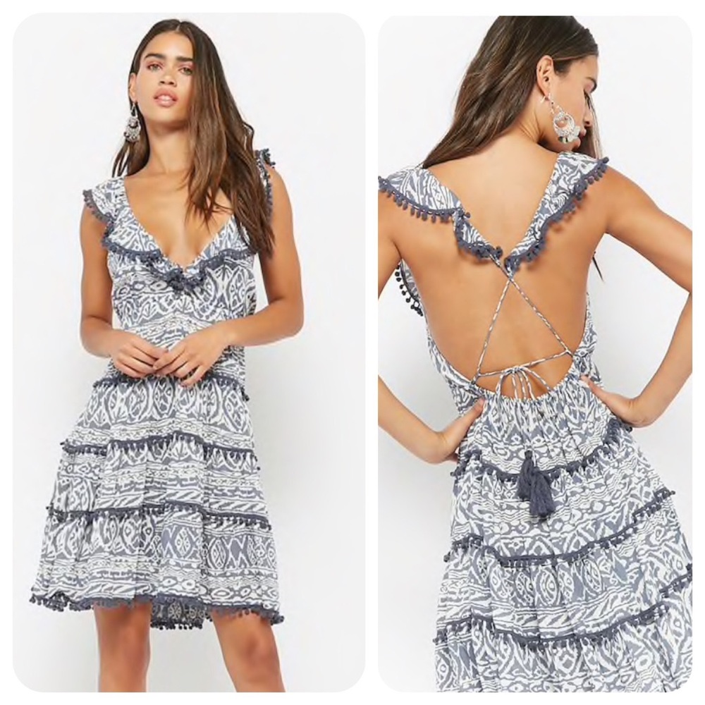 Boho Me Tie-Back Back Pom-Pom Dress, L - NWT
